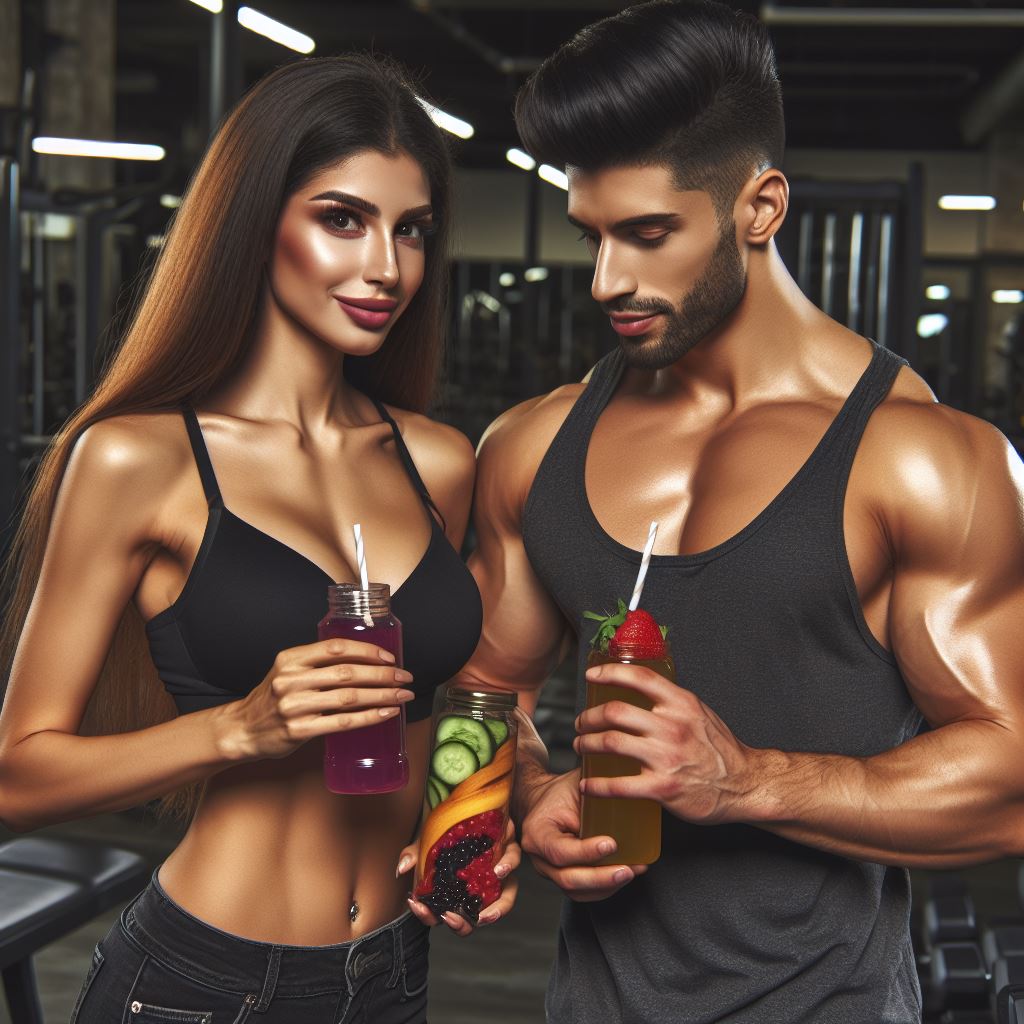 Two high performing Latino athletes consuming pre and post workout supplements at the gym