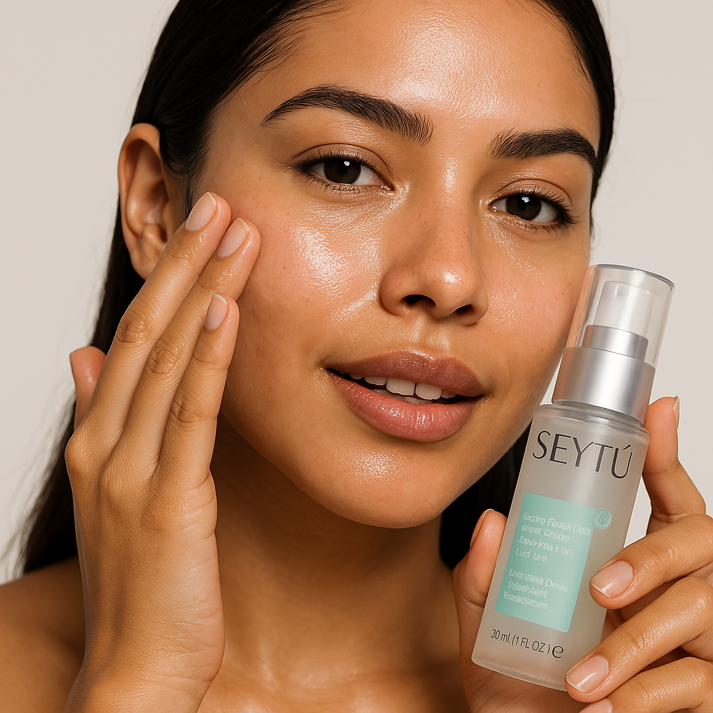 Beautiful Latina woman applying SEYTU's aloe vera hydrating facial serum for dry skin to her face