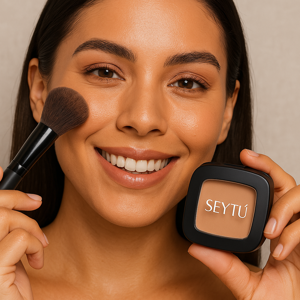 Female Latina model using SEYTU's highlighting powder for face