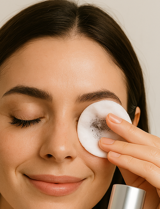 close up of a white woman using seytu's instant make eye remover or waterproof mascara