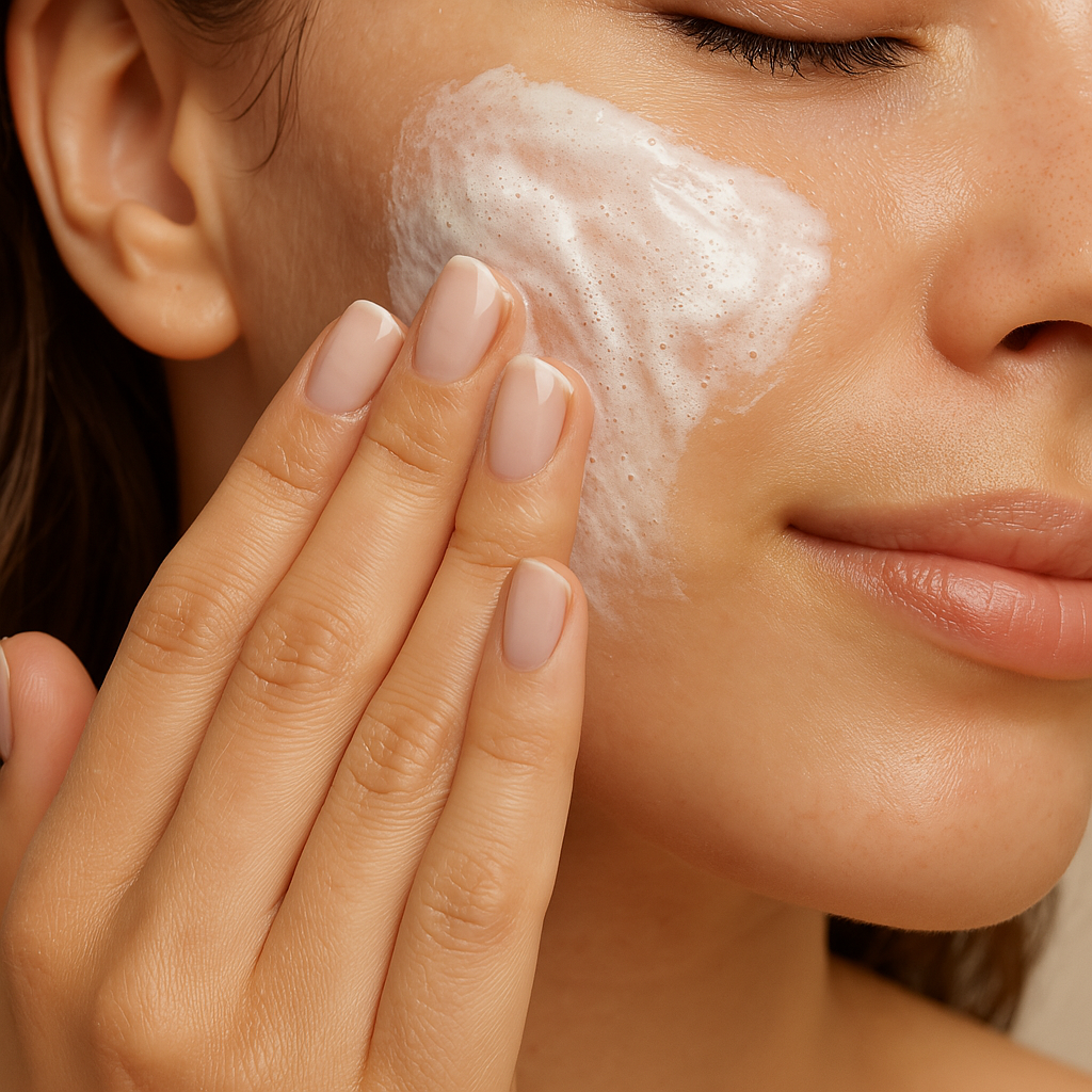 Close of Latina woman applying SEYTU's facial cleansing foam to her face