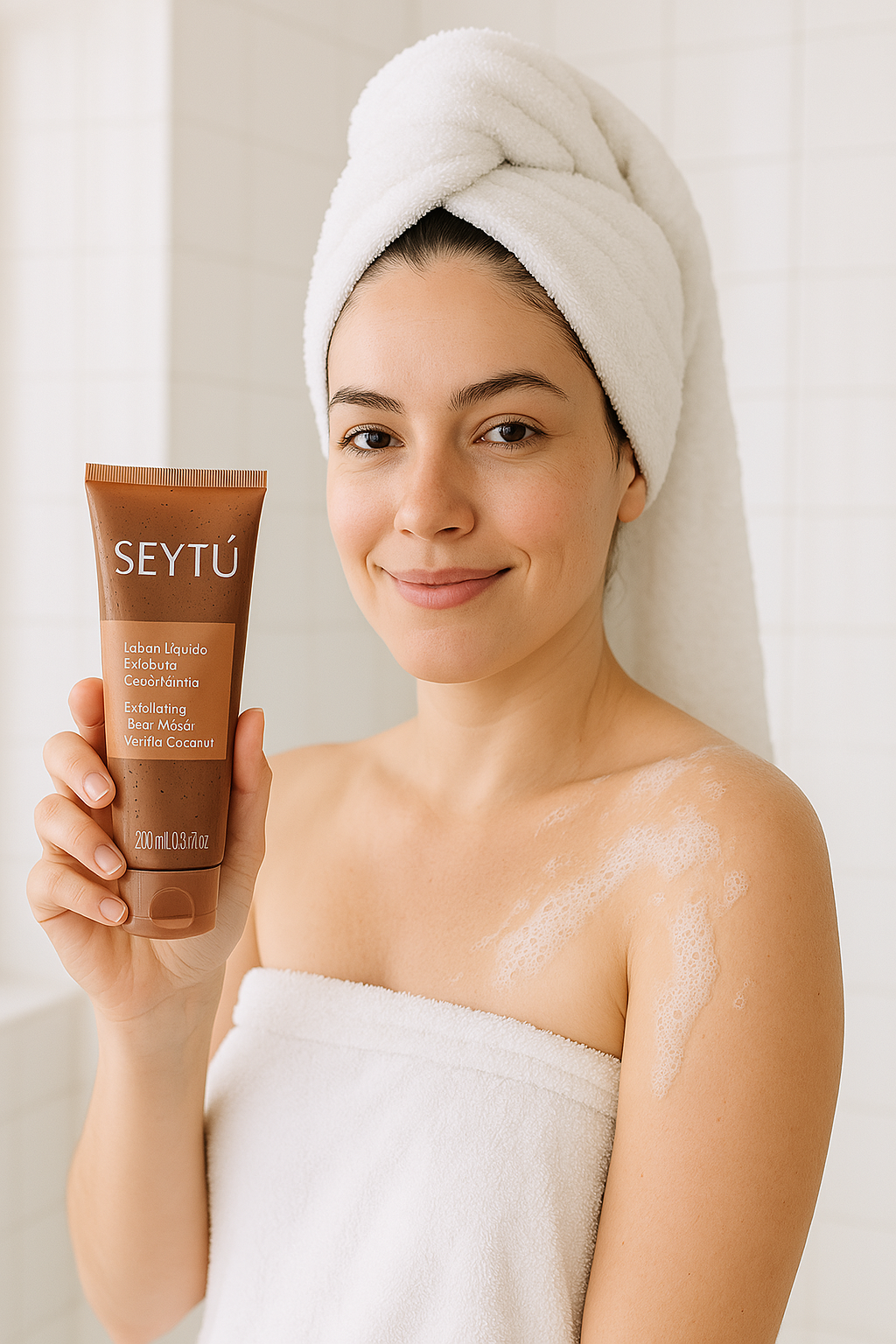 female model using SEYTU's moisturizing exfoliating body wash on her skin