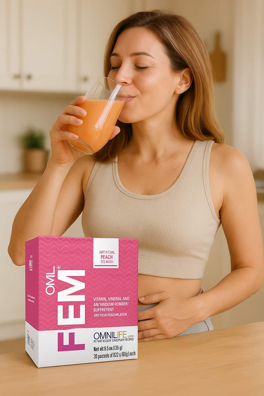 lady drinking OML Fem antioxidant powder supplement for hormonal balance