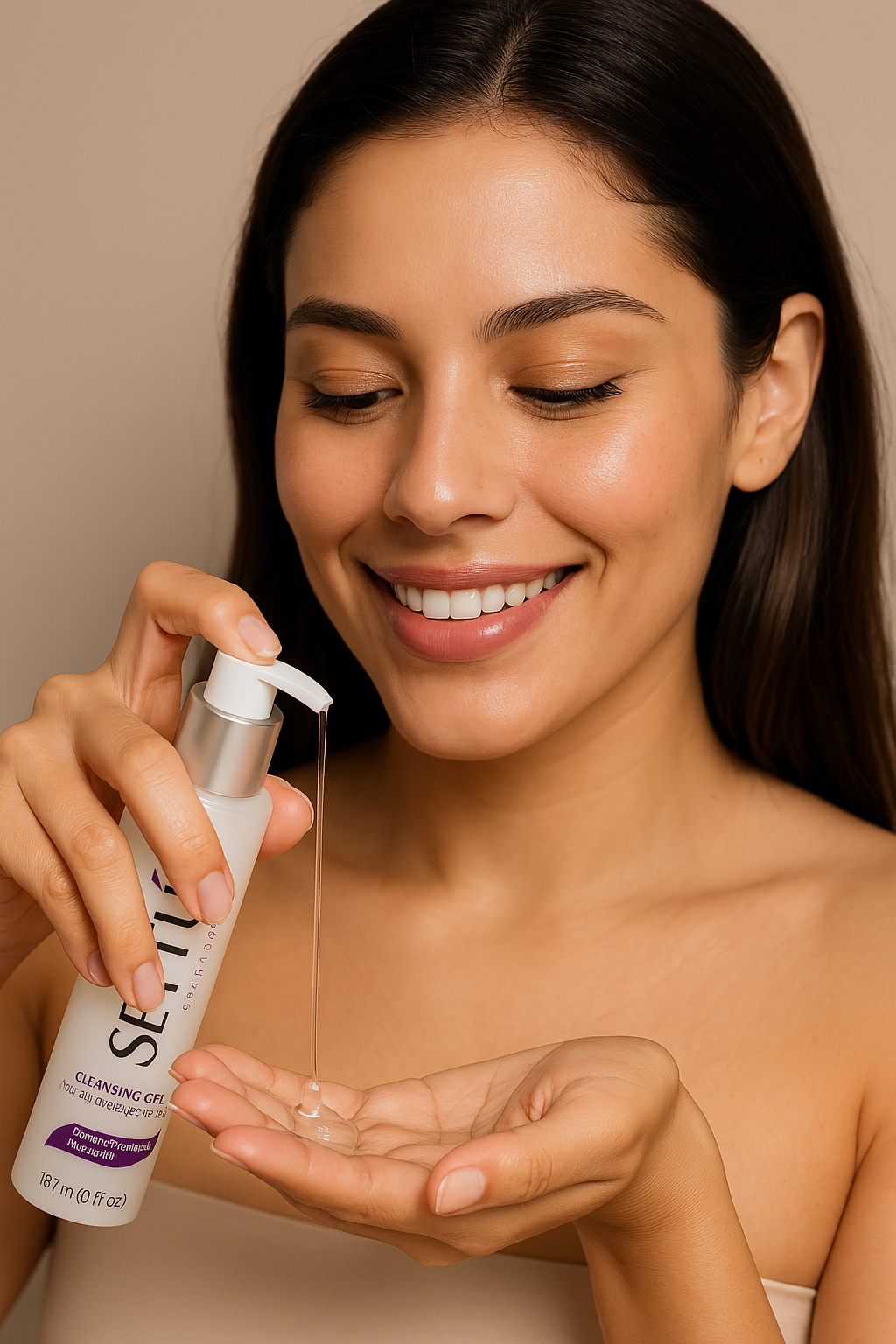 Latina model using SEYTU cleansing gel for combination skin or oily skin