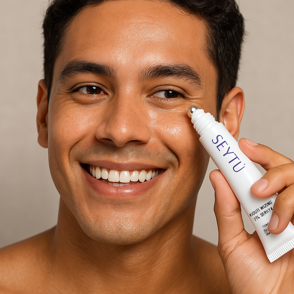 SEYTU's moisturizing eye serum for men and women applied to a male Latino model's face.