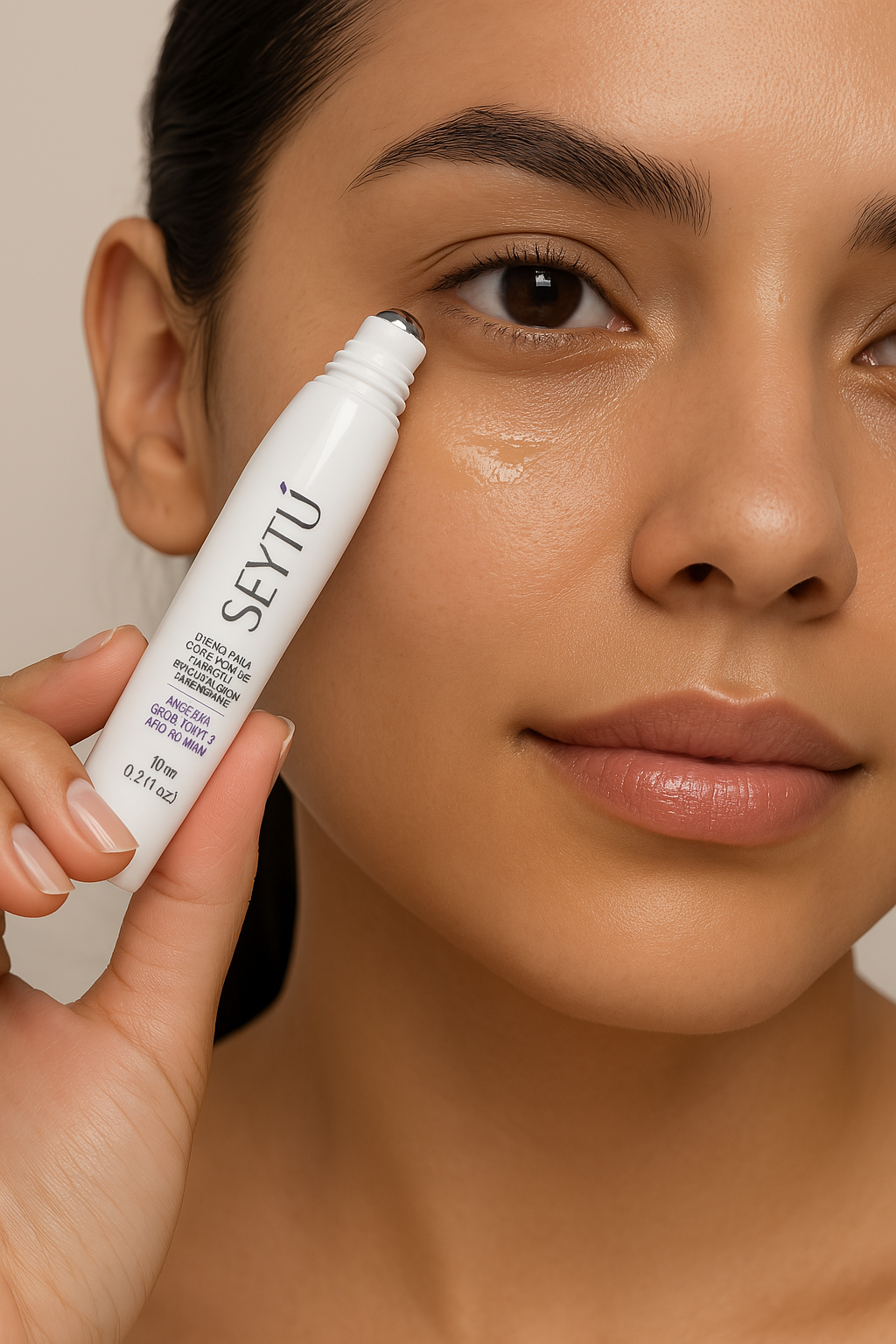 SEYTU's moisturizing eye serum for men and women applied to a female Latina model's face.