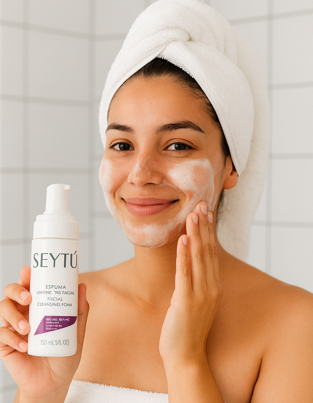 Female model applying SEYTU's facial cleansing foam to her face