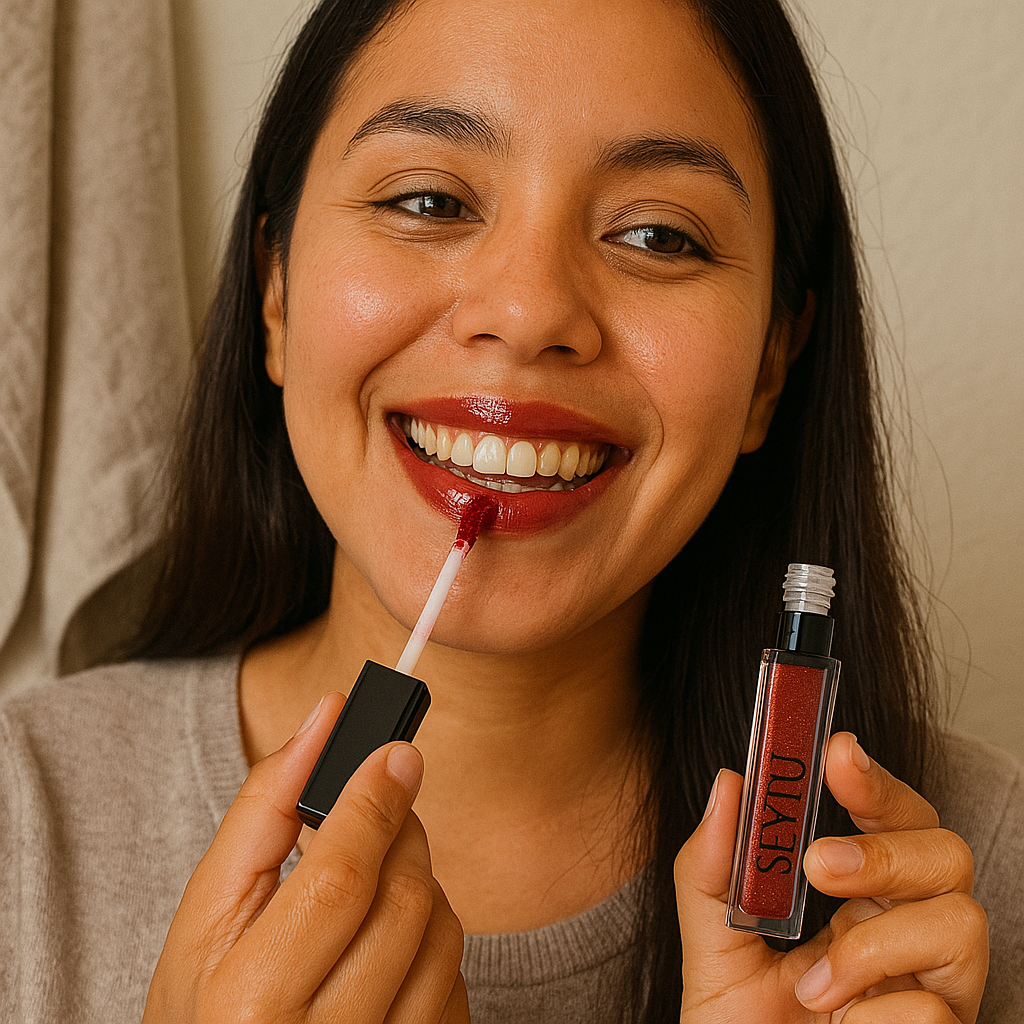 Latinal woman applying SEYTU's red lip gloss on her lips