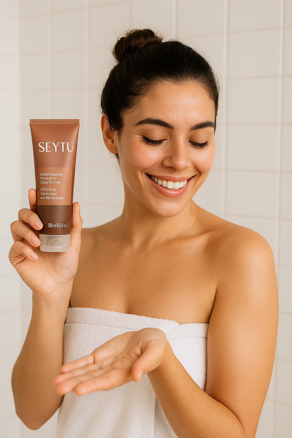 White female model using SEYTU's exfoliating body wash on smooth skin