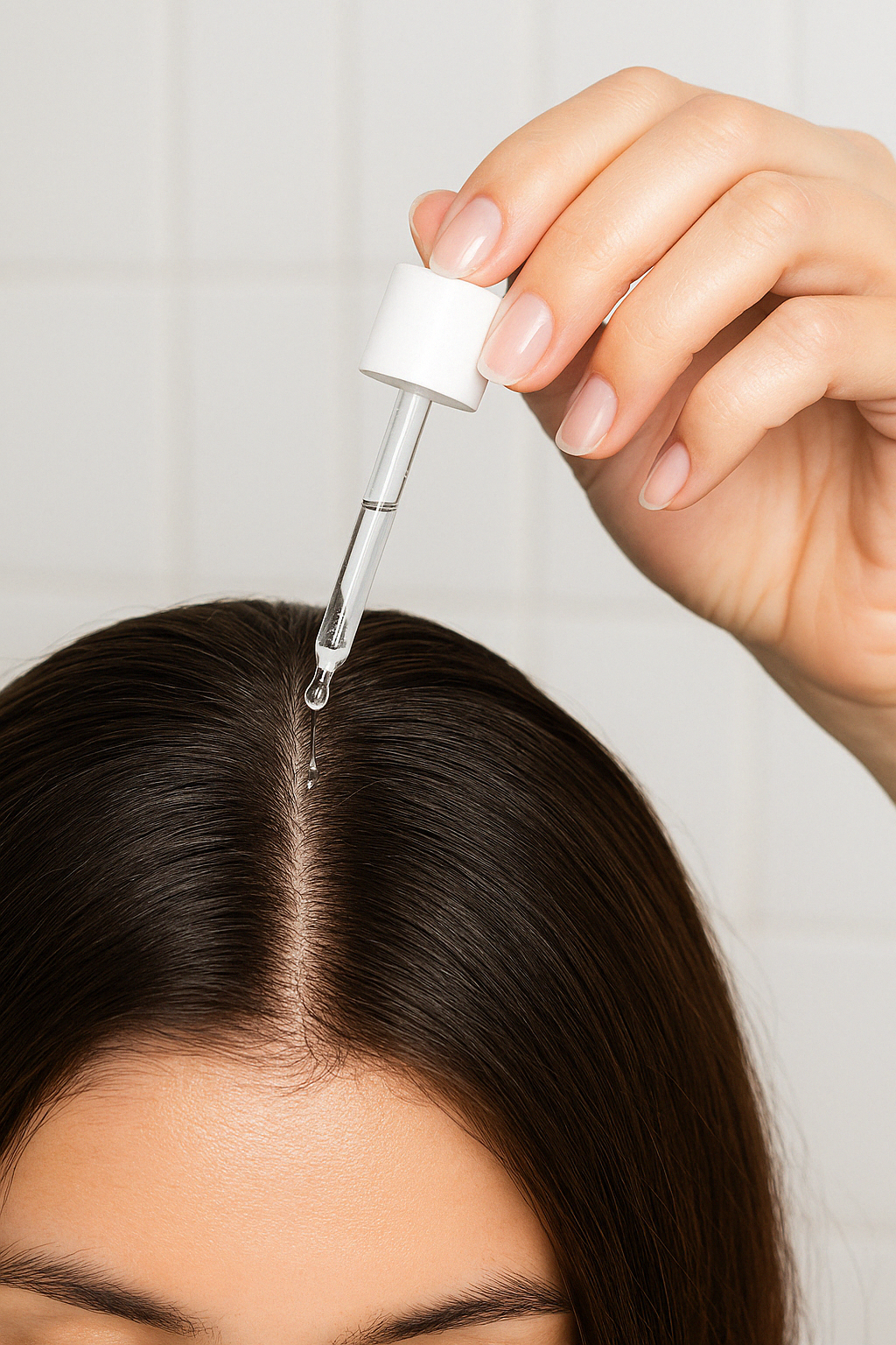 Woman applying SEYTU fortifying hair lotion for hair growth