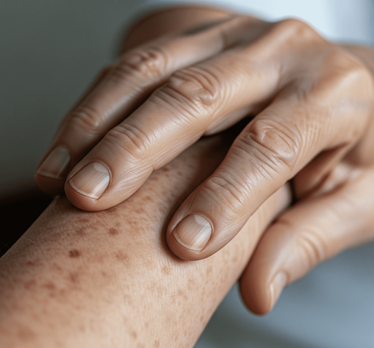 white arm and hand with dark aging dark spots